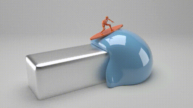 算法模拟结果：顶端放有冲浪板小人的磁泥受到非线性磁化，逐渐吞没磁铁